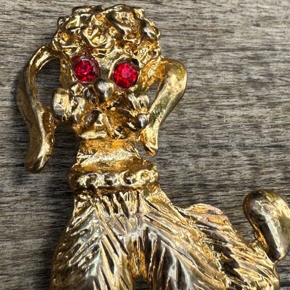 Vintage Gold-Tone Poodle Brooch With Red Rhinestone Eyes - Picture 7 of 9